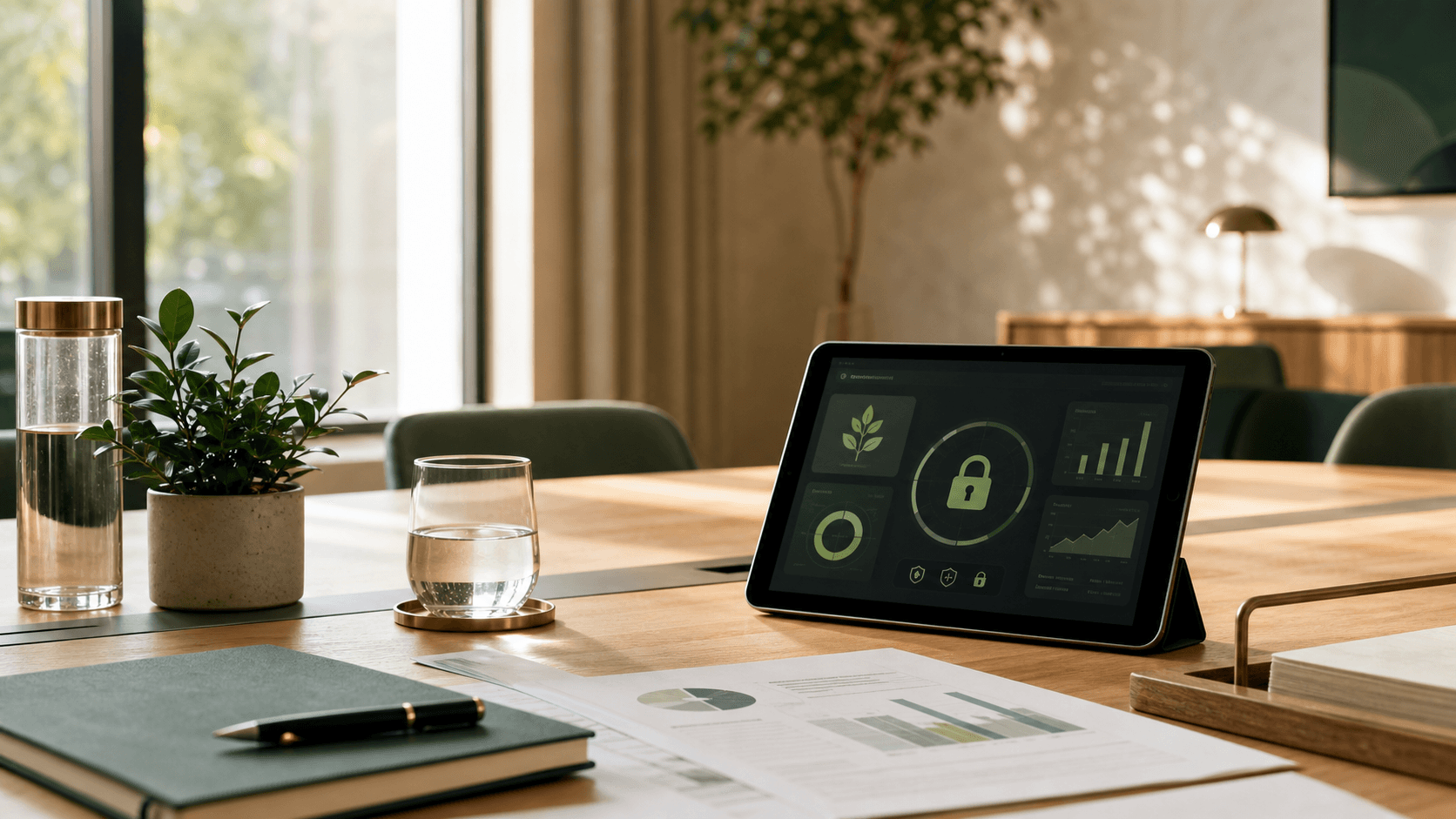 Responsible banking workspace with secure digital service and client commitment materials