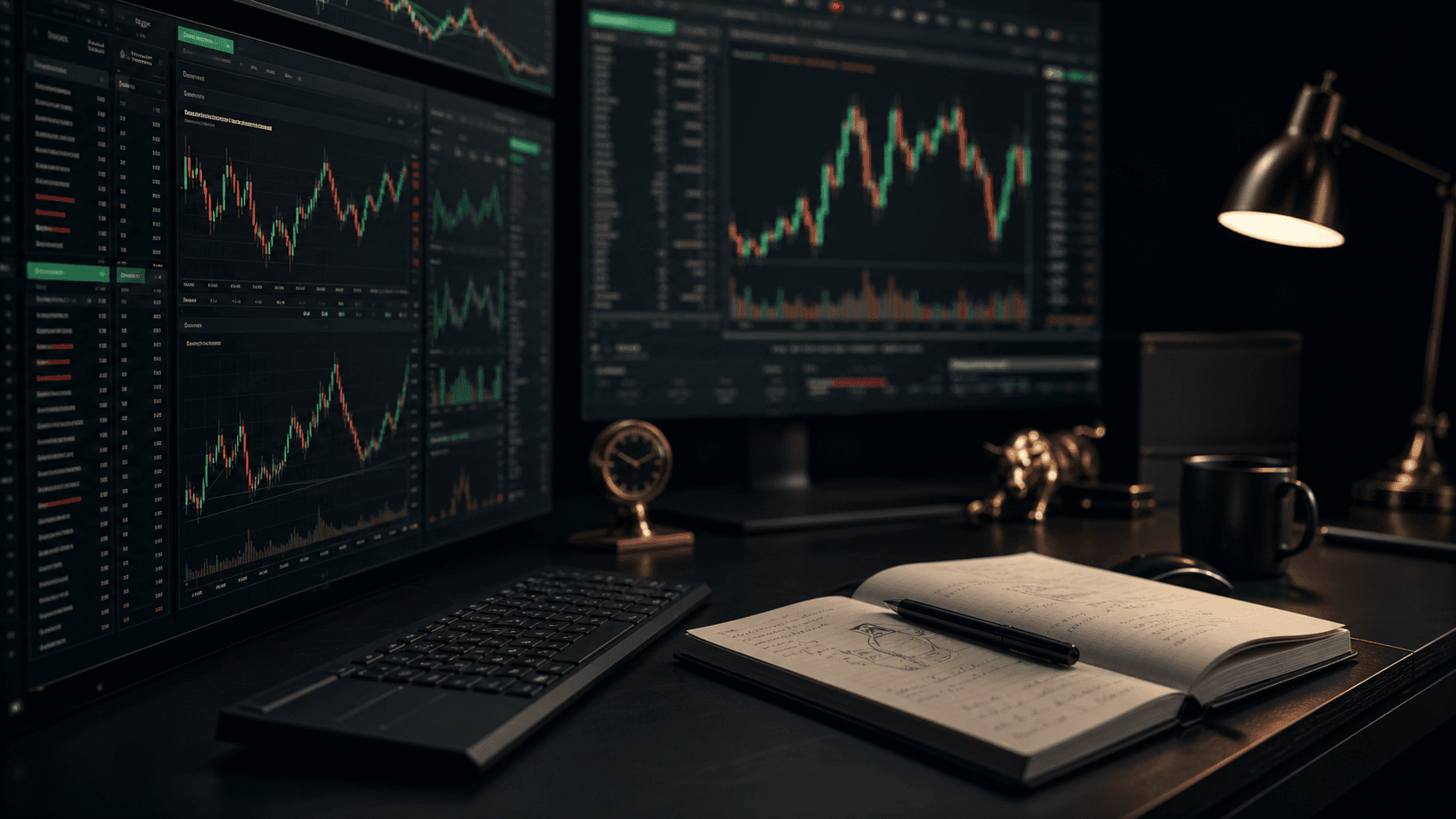 Active trading research workstation with abstract forex and market displays